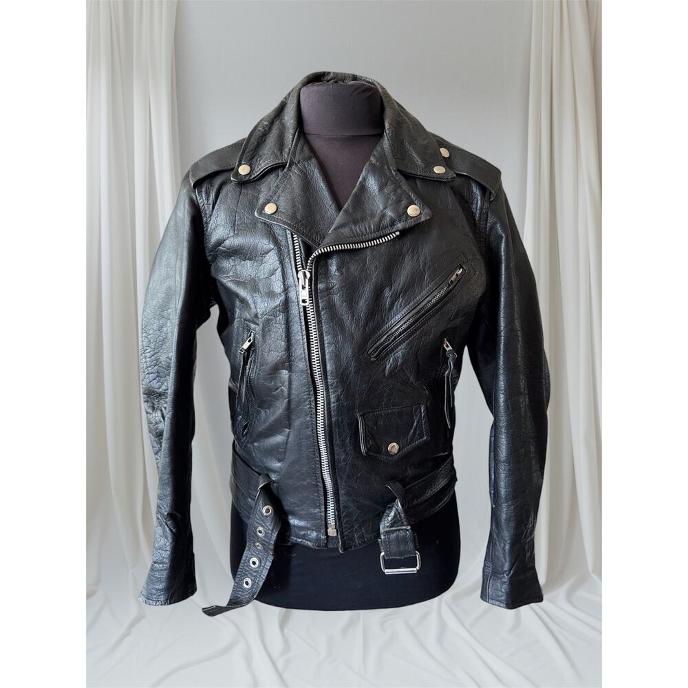 Men's Vintage Black Leather Motorcycle Jacket, 40, M